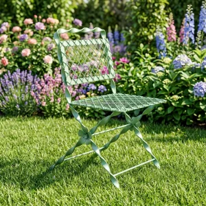 Hand Twisted Wrought Iron Foldable Patio Chair Diamond Mesh Seat &amp; Floral Decoration Accent, Twisted Metal Folding Garden Chair