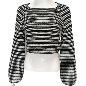Suéter cropped de malha listrada para mulheres com mangas longas em sino, estilo casual e respirável