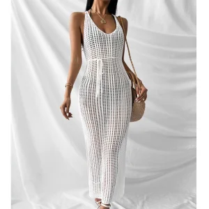 Vestido de Praia Tricotado Longo Ocasional Solto para Mulheres com Recortes Hollow-out de Verão