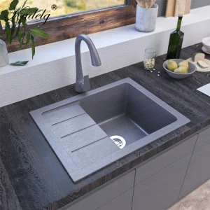 China Wholesale Top Mount Grey Single Bowl Rectangular Composite Granite Stone Kitchen Sink