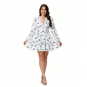 Vestido Mini de Estampado Floral para Mujeres con Escote en V, Detalle de Encaje, Manga Larga Abullonada, Vestido Corto con Volantes en Capas, Casual de Verano, Vacaciones, Playa