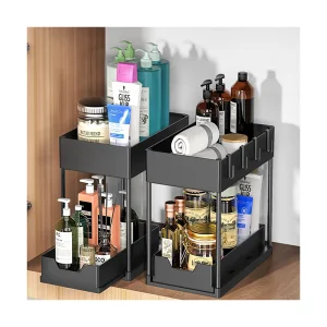 High Quality 2 Tier Sliding Bathroom Organizer Storage Shelf for Kitchen Under Sink Cabinet Organizer with Hooks Hanging Cup