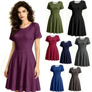 Women's Elegant Solid Plain Color Summer Dress 230g Thick Milk Fiber Fabric 8 Colors Available Casual Short Sleeve Flare Dress