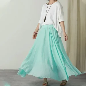 Summer Blue Women's Maxi Skirt - Lightweight Cotton Linen Casual Wear
