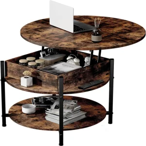 Round Lift Top Coffee Table with Hidden Compartment &amp; Storage Shelf for Living Room Reception Room