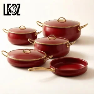 Kitchen Luxury Cookware Set Red Marble Coated Stainless Steel High Quality Non-Stick Casserole Soup Pot and Fry Pan