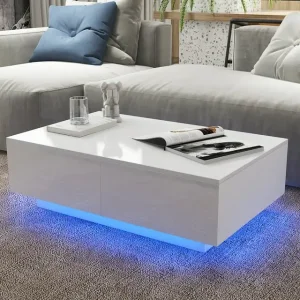 CE Certification Rectangular LED Coffee Table with 4 Drawers High Gloss White Finish Modern Living Room Furniture Sofa Side Cocktail Table Supplier, Products