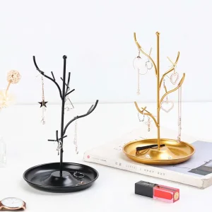 Exquisite Durable Tree Shape Necklace/Bracelet/Earring/Rings Rack in Black/Gold with Iron Art Tray Made of Metal for Store Luxurious Jewelry Display