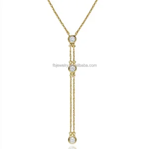 925 Sterling Silver Moissanite Lariat Necklace with Bamboo Chain Gold Elegant Women's Accessory for Weddings Engagements