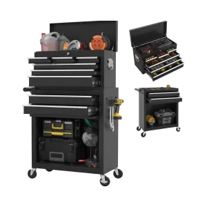 8-Drawer Rolling Tool Storage Cabinet Black Metal Tool Cart Detachable Top Lockable Wheels Side Hooks Locking Mechanism