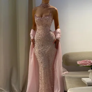Sharon Said SS382 Pink Mermaid Prom Dress Shawl Cape Crystal Beaded Strapless Women Formal Occasion Party Gowns Wedding Dress