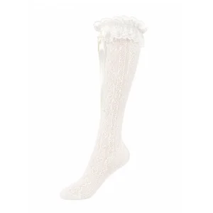 Meias de Crochê Brancas Altas com Renda e Laço de Cetim para Meninas, Meias de Princesa para Vestido, Disponíveis em Estoque e Personalizáveis