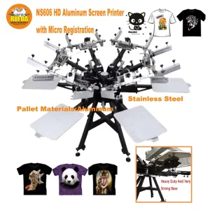 Aluminum Pallets Micro Registration Flatbed Octopus Manual 6 Color 6 Station T-shirts Rotary Screen Printing Machine