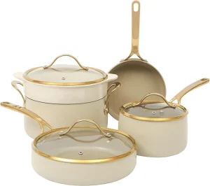 RONTYAN 8-Piece Cookware Set, Heavy Duty Aluminum Premium PFA-Free Ceramic Nonstick Cookware Set - Almond Cream with Gold Handle