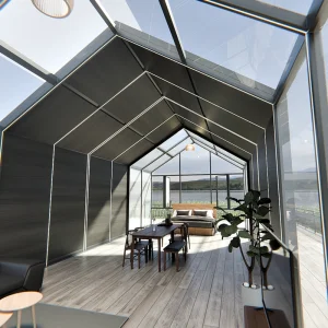 una Cabaña Móvil de Marco Resort Salón con Techo Retráctil Eléctrico Iluminación Interior y Sombreado Alojamiento Frente a la Playa Salón