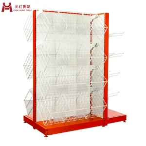 Double-Sided L-Shaped Basket Shelving System for Retail Use with Slanted Design and Modular Setup