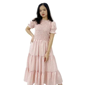 High-Quality Customized Casual Ladies O Neck Tiered Ruffles Heart Print Shirred Pink Floor-Length Natural Waist Dress for Women Supplier, Factories