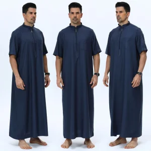 2025 Summer Men's Solid Color Robe Short Sleeve Stand Collar Zipper Closure New Stock for Arabia Polyester thobe