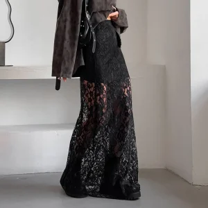 Dropshipping Lace Fashion Sexy Mature Ladies Skirt See Through Midi Length Maxi Skirt 2024 Summer Clothes