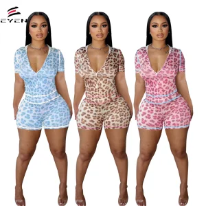 New Come Summer Leopard Zipper Hooded Print Color Contrast Tight Sexy Hip Short Sleeve Shorts Two Piece Women Clothing Set