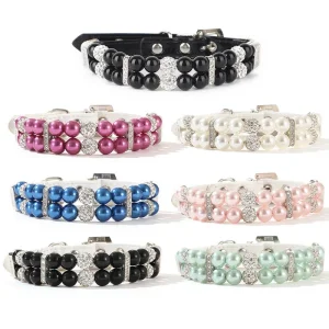 Luxury Pet Pearls Collar Leash Set 2 Rows Pearls Pet Necklace and PU Leather Pearl Leash Wire with Crystal Rhinestone Pet Dog Collar