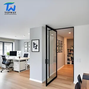 TW Modern Aluminum Front Security Tempered Glass Pivot Swing Door with Customized Colors and Kinlong Hardware for Villa