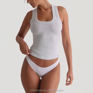 Custom Embroidery Logo High Stretch Square Neckline Sleeveless Rib Knit Vest Racer Back Gym Fitness Ribbed Tank Top For Women