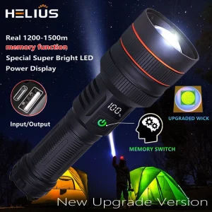 Helius 2025 New 60W 1000m Range Digital Display Powerful Torch Zoomable Type-C Rechargeable LED Flashlight