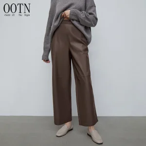 Elegant brown pu leather casual trousers for women