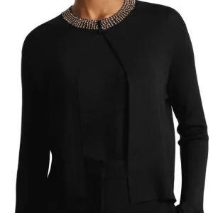 Women's Crewneck Knitted Cardigan, with Bead Embroidery at the Neckline, Single Button, Spring and Autumn Fashion Leisure Coat