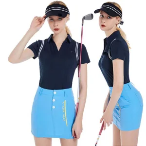Conjunto de Roupas para Golfe Camiseta Polo Viscose com Decote em V e Mangas Curtas, Blusa Slim e Saia A-Line para Mulheres