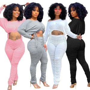 DUOLLB Custom Design Women's Plus Size Sports Workout Set 2 Piece Long Sleeves Cropped T Shirt Skinny Jogger Pant for Winter