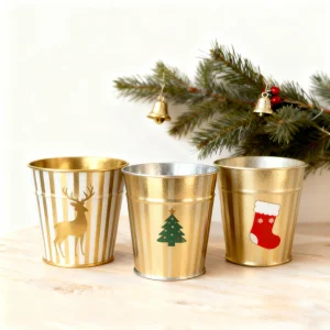Cheap Gold Striped Christmas Metal Planter Set VDLK5579