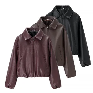 ZXPFSL Women's Cropped Faux Leather Jacket Turn-Down Collar Zip up Bomber Jacket Vintage Streetwear Outerwear for Fall Winter
