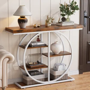 5-Tier Industrial Console Table with Circle Base, Rustic Wood and Metal Entryway Table for Living Room Hallway