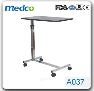 Hospital Wooden Over Bed Table, Gas Spring Mechanism Height Adjustable System