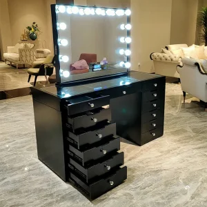 Wholesale Modern Dressing Table Glass Top Vanity Desk with LED Illuminated Mirror Storage Power Socket for Bedroom