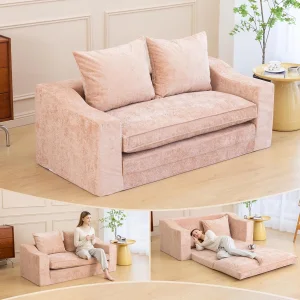 61" Convertible Sofa Bed Loveseat Memory Foam Boneless Floor Couch Removable Plush Velvet Cover Tri-Folding Compact Full-Size
