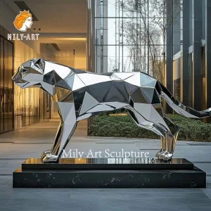 Outdoor Lawn Life Size Geometric Silver Stainless Steel Cheetah Statue