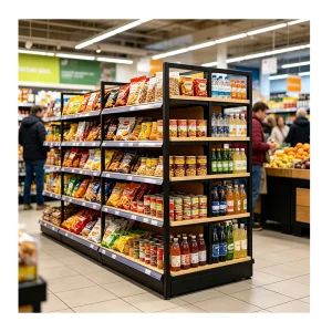 Gui Chang 40-80KG Yellow Wood Grain Print Metal Supermarket Display Rack, Supermarket Gondola, Pharmacy Display Shelf,