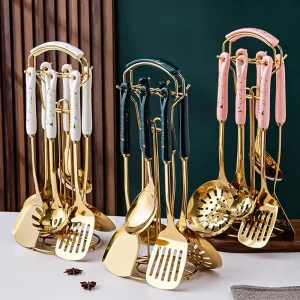 Kitchen Utensil Set Ceramic Handle Golden Stainless Steel Luxury Elegant Customized
