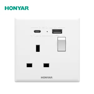 Tomada de Parede Honyar Elétrica Sem Parafuso com Sensação de Pele Única 13A e 20W Carregamento Rápido USB