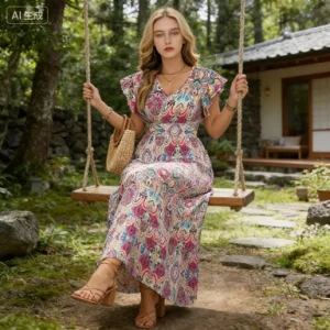 Vestido Maxi Boho Impreso Rosa