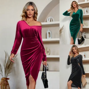 Vestido Casual de Inverno Moda V-Colorido Sólido