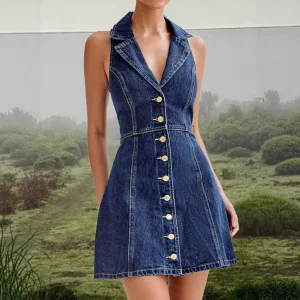 2026 Nueva blusa de patchwork sin mangas con escote en V y corsé, con cierre de botones, y vestido de mezclilla para mujeres