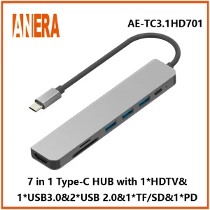 Anera High Performance 7 in 1 Multifunction USB C Portable Type C Hub Adapter Hub Converter with 3.0/2.0 USB Hub SD/TF 2.0 Card Reader Pd Charging and HDMI