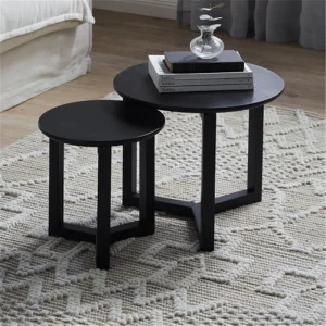 Black Small Round Nesting Coffee Table Set of 2, Modern Accent Oak Wooden Powder Painted Side Table for Living Room, Office, Home Decor, Bedroom