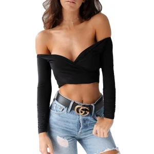 Latest Design Women Off Shoulder Long Sleeve Slim Fit Crop Short Shirt Ladies' Blouses