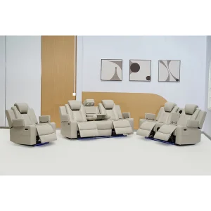 Beige Leather Home Theater Power Recliner Sofa Set with Multifunctional Speaker and LED