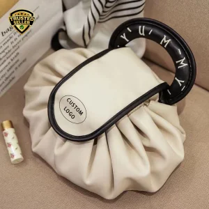 Custom Logo Drawstring Large Capacity Foldable Makeup Pouch Portable Travel Organizer Pu Leather Women Beauty Storage Waterproof